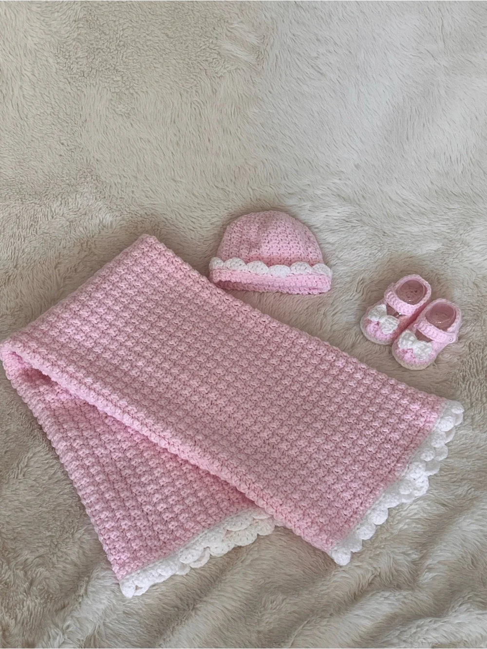 Baby Pink Crochet One-Piece Bodysuit with White Scalloped Trim